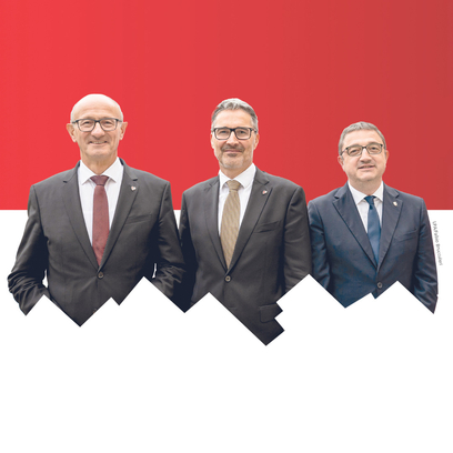 Die Landeshauptleute der Euregio Tirol-<br/>Südtirol-Trentino (von li.): Anton Mattle (Tirol),<br/>Arno Kompatscher (Südtirol) und<br/>Maurizio Fugatti (Trentino).